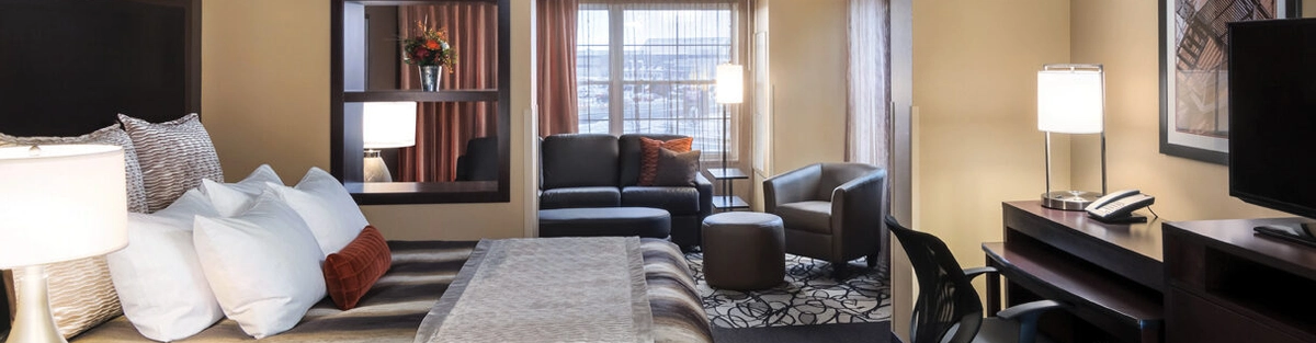 A hotel room with a large bed, pillows, and patterned bedspread. A desk with a chair, flat-screen TV, and lamp is on one side. A seating area with a sofa, chairs, and a small table is near the window, featuring city views and a vase of flowers.